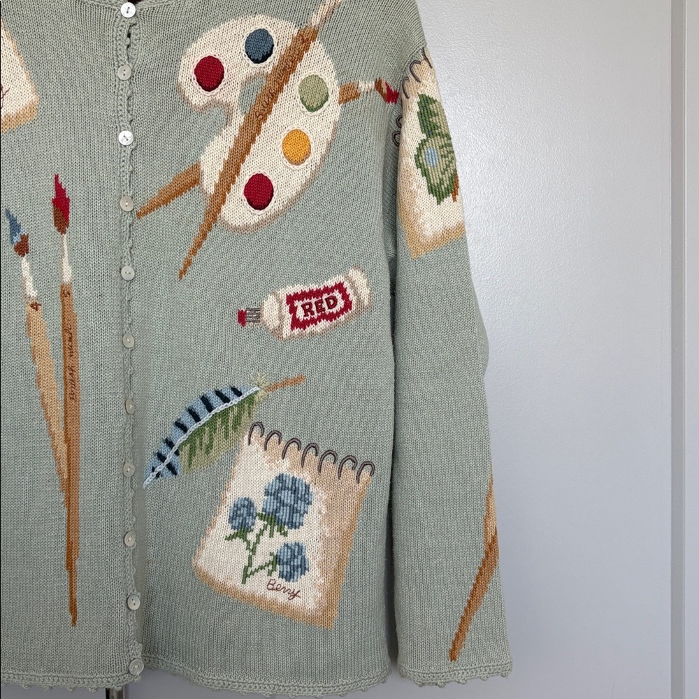 VINTAGE 90S TALBOTS GREEN PAINT ART PAINT THEMED KNIT CARDIGAN SWEATER WOMENS PM - Picture 4 of 6